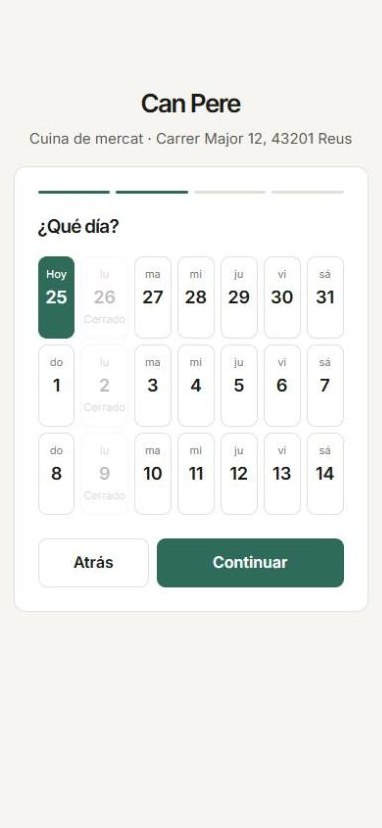 Selecció de dia a la pàgina de reserves, al mòbil